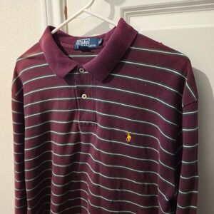 Polo Ralph Lauren Mens XL Burgundy Striped Long Sleeve Pique Rugby Shirt Cotton